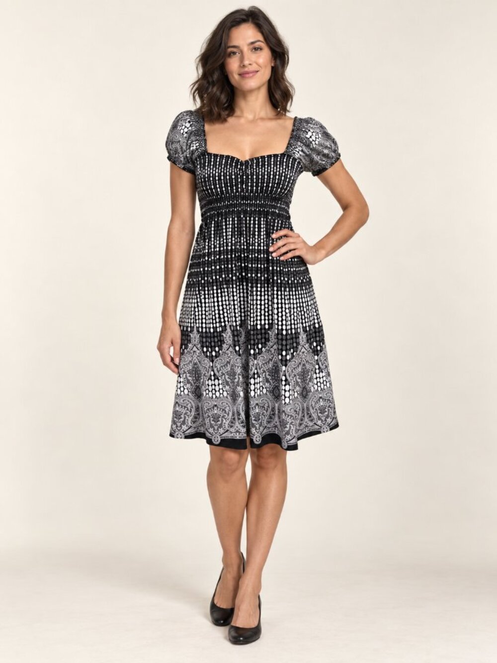 BCBGMAXAZRIA Black & White Smocked Paisley Dress, Size S